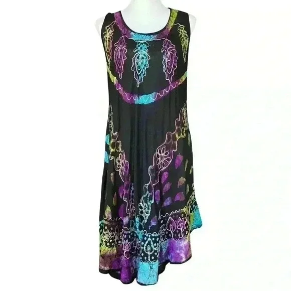 Boho Black Colorful Embroidered Semi Sheer Dress. Made in India. One Size. - Picture 3 of 12